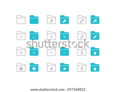Set of different types of folder icons in flat and line style