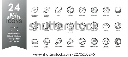 Ball Sports Icon Set, editable stroke with thick and thin stroke weights