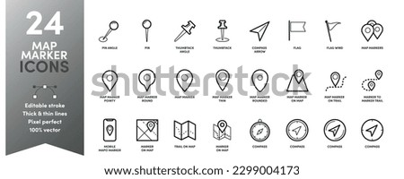 Map Marker thick and thin line icons set with editable stroke