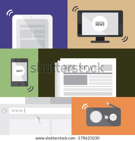 Media flat icons, radio, TV, newspapers, mobile, tablet, web