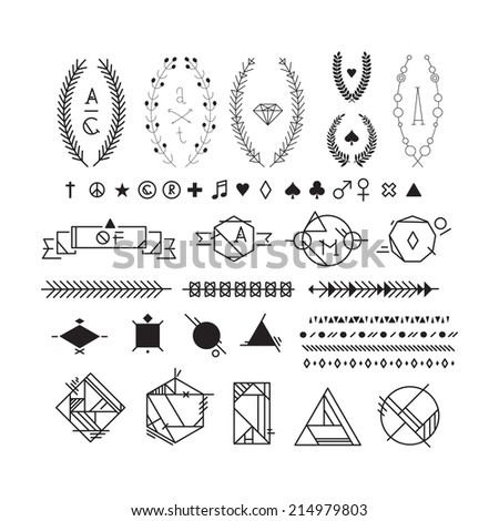 Hipster black and white graphic elements, peace, heart, plus, star, female, male, spade, diamond, club, note, registered trademark symbol, copyright, leaf