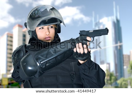 Beautiful Woman, Police Officer in complete intervention equipment ready to action.