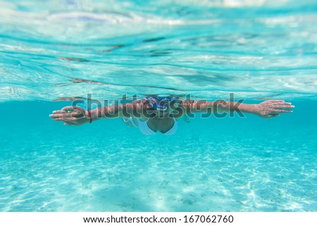 Women snorkeling in clear water on Maldives Islands .Underwater view.