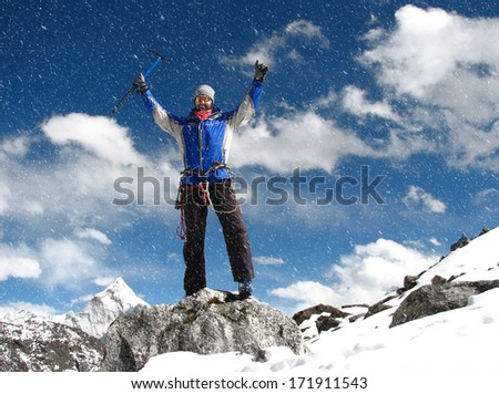 The mountaineer at the top of the world, Mount Everest,Himalayas