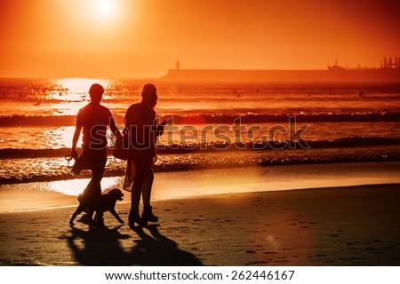 Silhouettes of couple walking dog at sunset beach, lens flare.Copy space, sunset light.Unrecognizable people