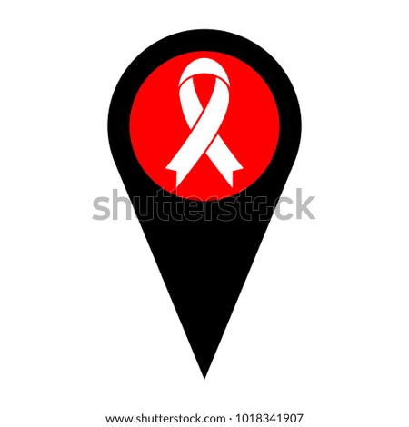 Awareness ribbon sign. Vector. Flat white icon in red circle at black marker on white background. Isolated.