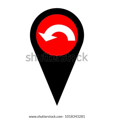 Arrow sign illustration. Vector. Flat white icon in red circle at black marker on white background. Isolated.