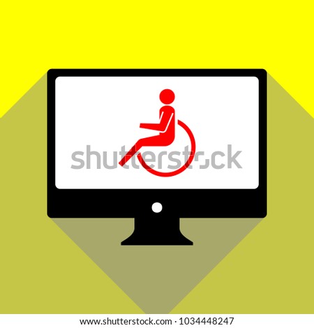 Disabled person sign illustration. Vector. Red icon on white monitor of black all-in-one desktop computer with two shadows at yellow background.