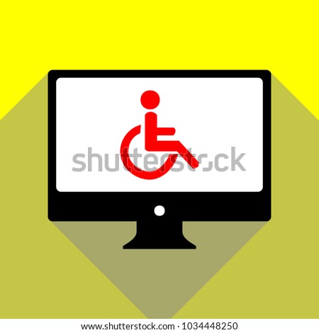 Disabled person sign illustration. Vector. Red icon on white monitor of black all-in-one desktop computer with two shadows at yellow background.