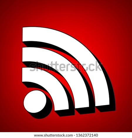RSS sign illustration. Vector. Perspective view of white icon with black outline at reddish background.