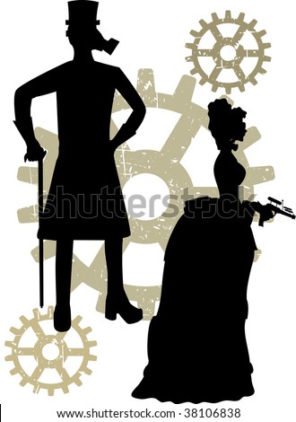 Abstract steampunk male and woman with rustic grunge gears