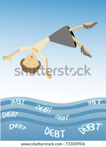 Woman falling into sea of debt metaphor of overwhelming debts