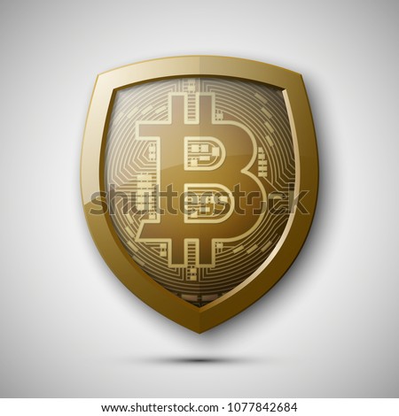 Protect HUD bitcoin. Digital shield currency money. Safe technology microchip mining worldwide network. Web banner bitcoin shield background microchip Physical protected bit coin Cryptocurrency shield