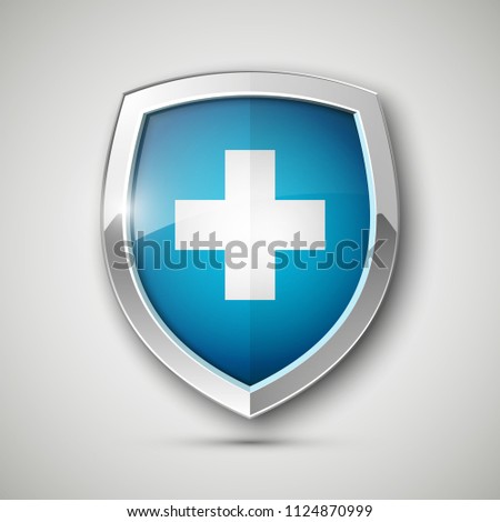 Medical health protection shield cross. Protected steel guard shield concept. Safety badge steel icon. Privacy metal banner shield. Security safeguard metal label. Presentation chrome sticker shape