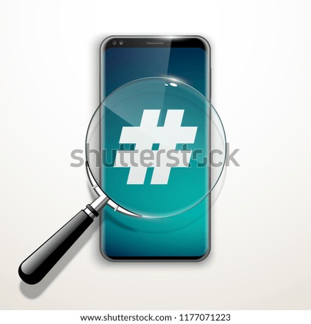 illustration web search by hashtag on mobile phone isolated on white background. Banner with smartphone search engine browser by hashtag