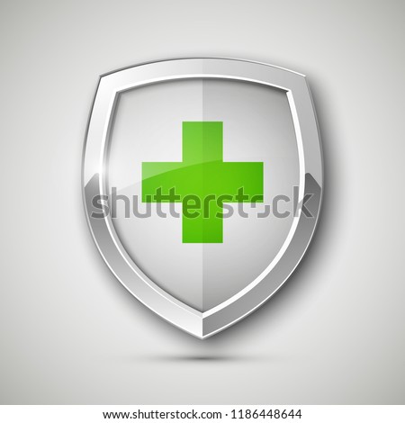 Medical health protection shield cross. Protected steel guard shield concept. Safety badge steel icon. Privacy metal banner shield. Security safeguard metal label. Presentation chrome sticker shape
