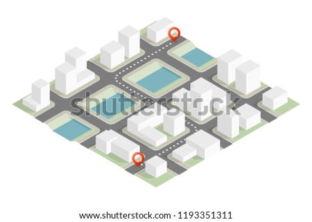 Isometric City map navigation route, point marker delivery van, vector drawing itinerary delivery car, city plan GPS navigation itinerary destination arrow city map. Route delivery check point graphic