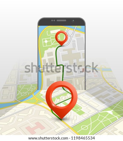 City map route navigation smartphone, phone point marker, vector drawing schema, isometric city plan GPS navigation tablet, itinerary destination arrow paper city map. Route isometric check point
