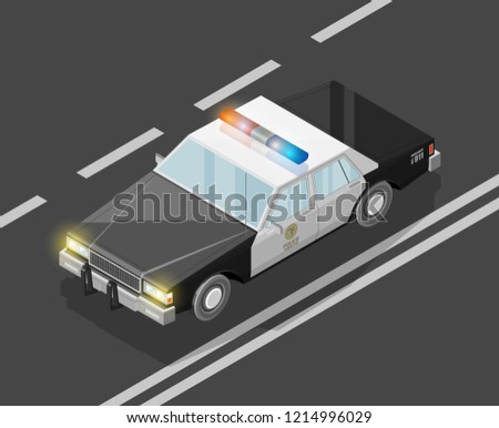 Flat 3D isometric police car model. City transport automobile road. Sedan police auto. Urban classic motor vehicle. Quality auto infographic route. Vector isometric police automobile street icon set