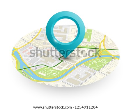 Isometric round city map navigation, point marker background, vector isometry circle schema, simple city plan GPS navigation, final destination arrow paper city map. Route delivery check point graphic
