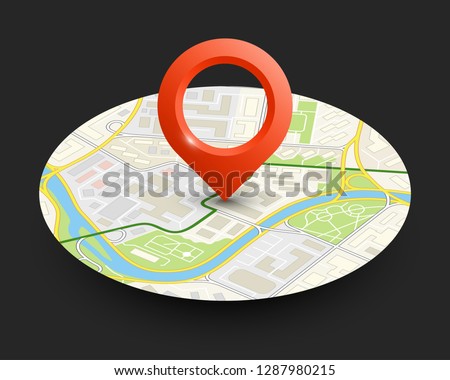 Isometric round city map navigation, point marker background, vector isometry circle schema, simple city plan GPS navigation, final destination arrow paper city map. Route delivery check point graphic