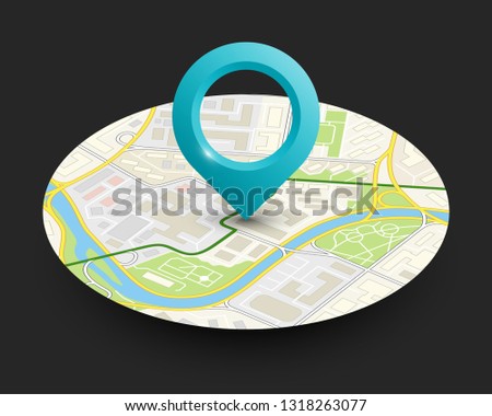 Isometric round city map navigation, point marker background, vector isometry circle schema, simple city plan GPS navigation, final destination arrow paper city map. Route delivery check point graphic