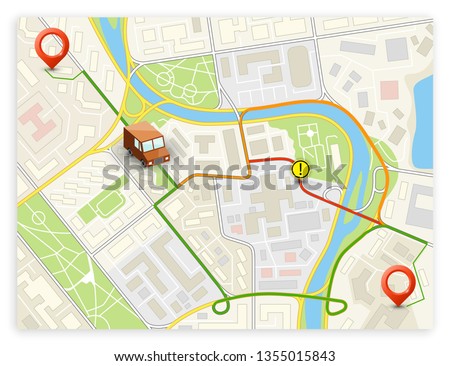 Isometric city map navigation, point markers background, vector isometry drawing schema, 3D simple city plan GPS navigation, final destination arrow paper city map. Route delivery check point graphic