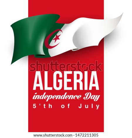 illustration festive banner with state flag of The People's Republic of Algeria. Card with flag and coat of arms Happy People's Republic of Algeria Day 2019. picture banner July 5 of foundation day