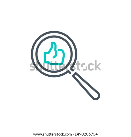 good thumbs up with magnifier glass outline flat icon. Single quality outline logo search symbol for web design or mobile app. Thin line design logo sign. Loupe lens icon isolated on white background.