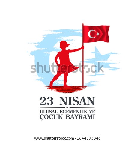 April 23 Turkish national ataturk festival banner cocuk baryrami 23 nisan, tr: April 23 Turkish National Sovereignty and Children's Day, friendship kids silhouette with Turkey flag isolated on white Foto stock © 