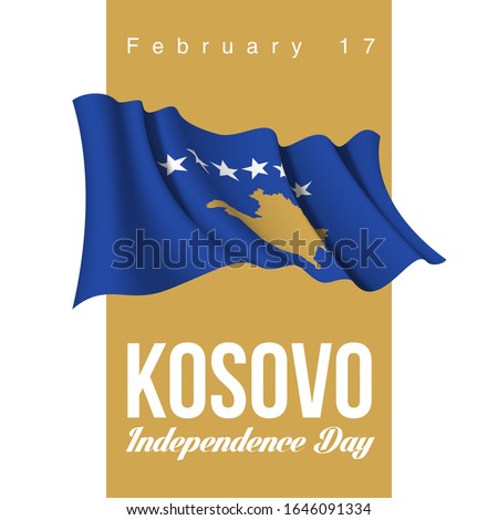 illustration festive banner Happy independence day with state flag of The Republic of Kosovo. Card with flag and coat of arms Republic of Kosovo 2020. picture banner February 17 of foundation day