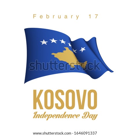 illustration festive banner Happy independence day with state flag of The Republic of Kosovo. Card with flag and coat of arms Republic of Kosovo 2020. picture banner February 17 of foundation day