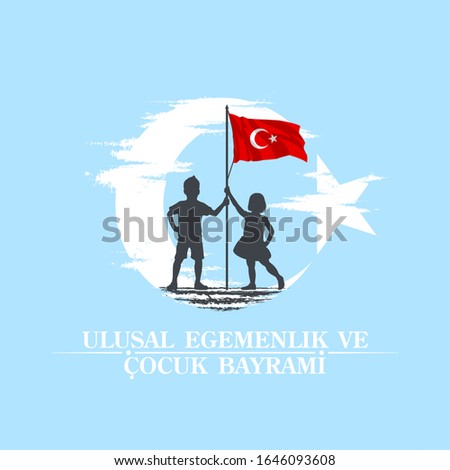 April 23 Turkish national ataturk festival banner cocuk baryrami 23 nisan, tr: April 23 Turkish National Sovereignty and Children's Day, friendship kids silhouette with Turkey flag on blue background Foto stock © 