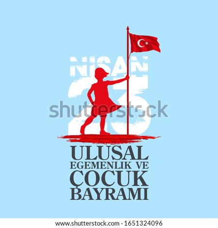 April 23 Turkish national ataturk festival banner cocuk baryrami 23 nisan, tr: April 23 Turkish National Sovereignty and Children's Day, friendship kids silhouette with Turkey flag on blue background Foto stock © 