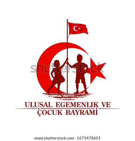 April 23 Turkish national ataturk festival banner cocuk baryrami 23 nisan, tr: April 23 Turkish National Sovereignty and Children's Day, friendship kids silhouette with Turkey flag isolated on white