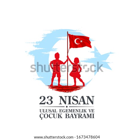 April 23 Turkish national ataturk festival banner cocuk baryrami 23 nisan, tr: April 23 Turkish National Sovereignty and Children's Day, friendship kids silhouette with Turkey flag isolated on white Foto stock © 