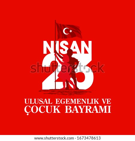 April 23 Turkish national ataturk festival banner cocuk baryrami 23 nisan, tr: April 23 Turkish National Sovereignty and Children's Day, friendship kids silhouette with Turkey flag isolated on red Foto stock © 