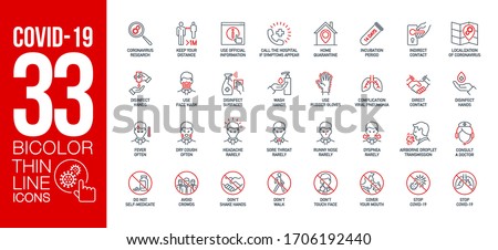 Prevention and symptoms Coronavirus Covid 19 line icons set isolated on white. Perfect outline health medicine symbols pandemic banner. Quality design elements virus treatment with editable Stroke