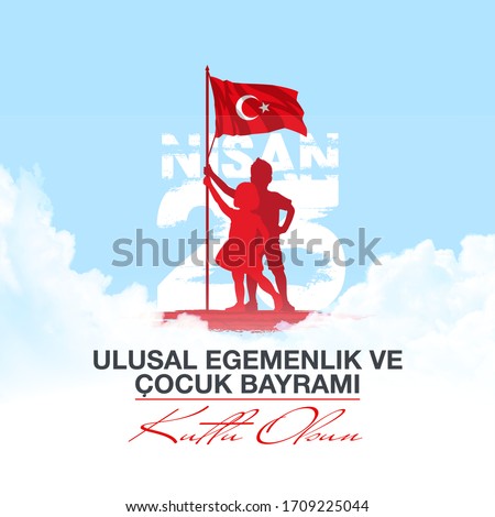 holiday banner illustration of the cocuk baryrami 23 nisan , tr: Turkish April 23 National Sovereignty and Children's Day, graphic design Turkish holiday card , kids icon with clouds, children logo. Foto stock © 