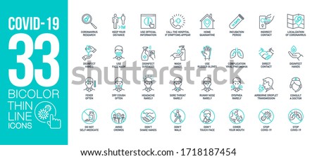 Prevention and symptoms Coronavirus Covid 19 line icons set isolated on white. Perfect outline health medicine symbols pandemic banner. Quality design elements virus treatment with editable Stroke