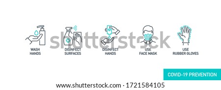 Prevention line icons set isolated on white. outline symbols Coronavirus Covid 19 pandemic banner. Quality design elements mask, gloves, distance, wash disinfect hands, stay home with editable Stroke