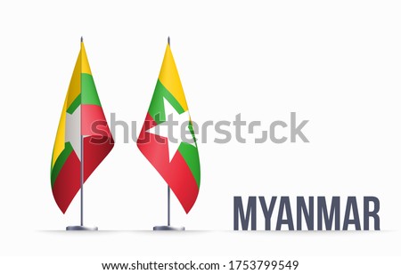 Myanmar flag state symbol isolated on background national banner. Greeting card National Independence Day of the Republic of the Union of Myanmar. Illustration banner with realistic state flag.