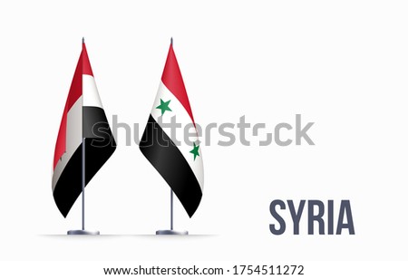 Syria flag state symbol isolated on background national banner. Greeting card National Independence Day of the Syrian Arab Republic. Illustration banner with realistic state flag.