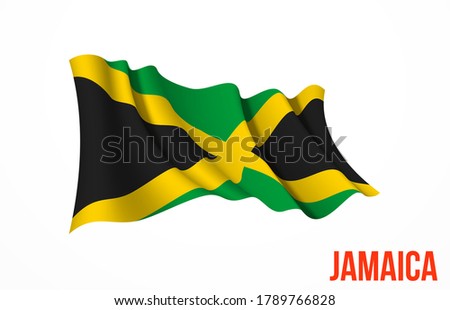 Jamaica flag state symbol isolated on background national banner. Greeting card National Independence Day of the Republic of Jamaica. Illustration banner with realistic state flag.