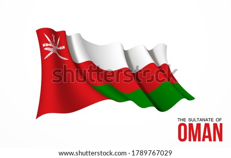 Oman flag state symbol isolated on background national banner. Greeting card National Independence Day of the Sultanate of Oman. Illustration banner with realistic state flag.