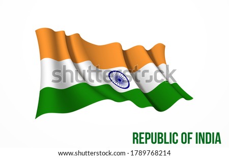India flag state symbol isolated on background national banner. Greeting card National Independence Day of the Republic of India. Illustration banner with realistic state flag.