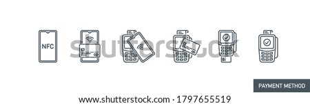 mobile app icons set contactless payment credit card or NFC smartphone via POS terminal banner isolated on white. payment method outline symbols. Acquiring payment Quality element with editable Stroke