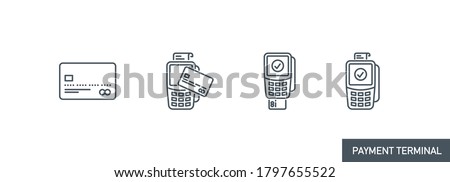 mobile app icons set contactless payment by credit debit card via the bank terminal banner isolated on white. outline payment method symbols. Quality elements Acquiring payment with editable Stroke
