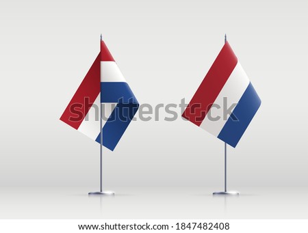 Netherlands flag state symbol isolated on background national banner. Greeting card for National Independence Day of the Kingdom of the Netherlands. Illustration banner with realistic state flag Holland.