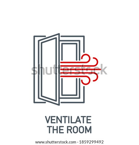 open window with a stream of fresh air, room ventilation single line icon isolated on white. Perfect outline symbol Coronavirus Covid 19 prevention banner. Quality design element with editable Stroke Imagine de stoc © 